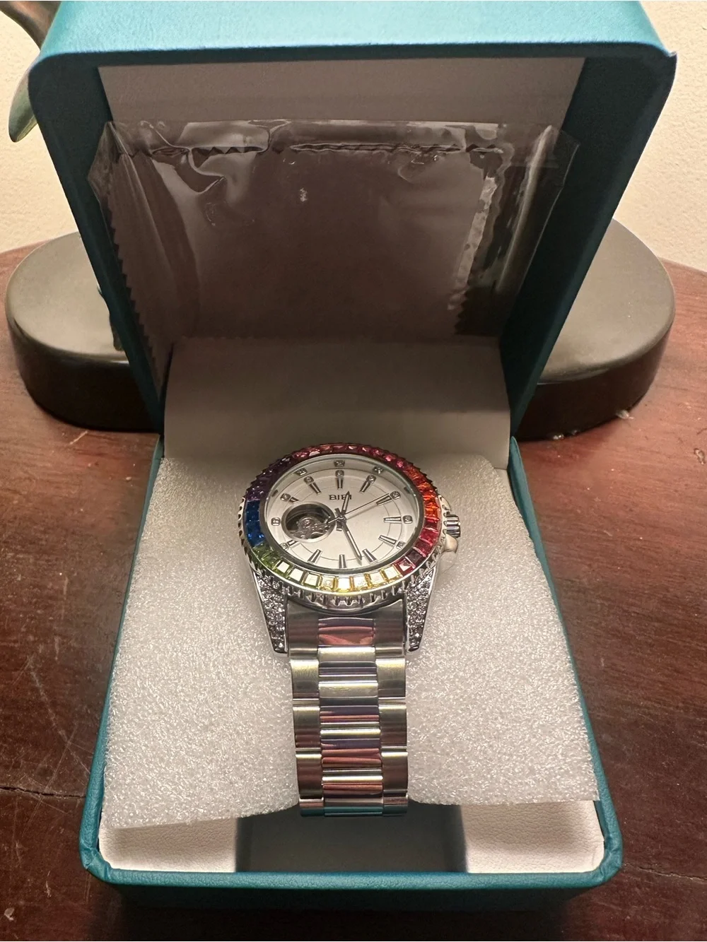 BiBi Silver Men's Watch with Rainbow Gem Bezel
